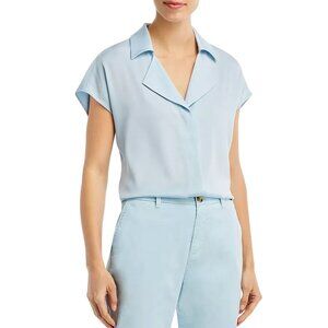 NWT HUGO BOSS Breta Short Sleeve Stretch Silk Blouse Blue Dust 2 Collared Top